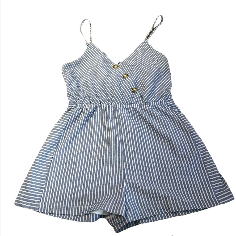 {Purple Snow} Blue&White Striped Shorts Romper W/ Adjustable Straps Cinch Waist